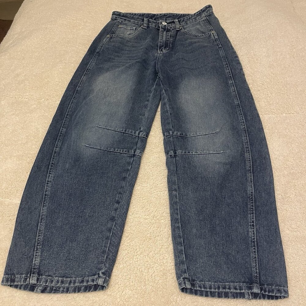 Barrel Leg‎ Jeans PANTS  Womens Size S 29"W 24.5"L Blue Cotton Blend SEAM DETAIL